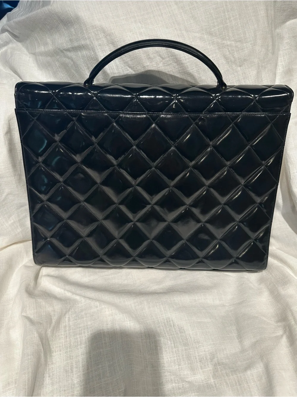 CHANEL Black Quilted Patent Top Handle Satchel with Gold CC